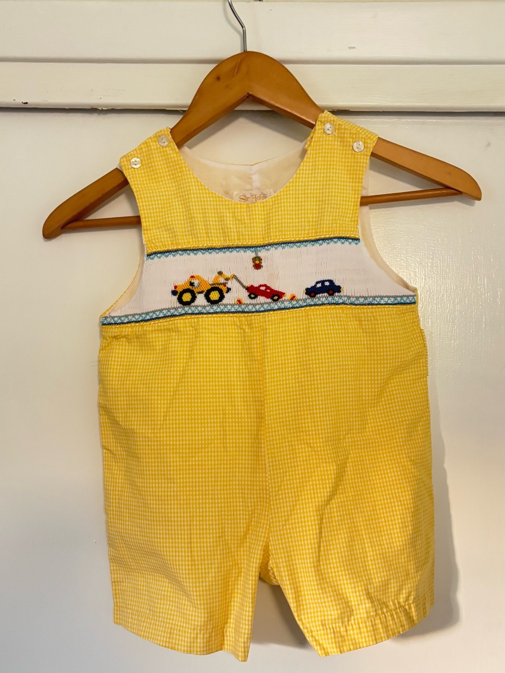 Sir John Yellow Gingham Kids Romper with Vehicle Embroidery